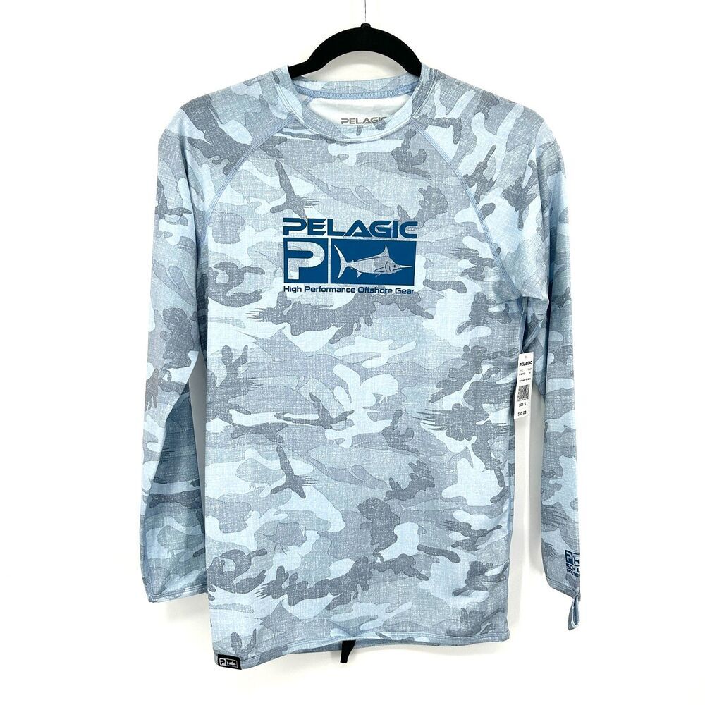 NWT PELAGIC Men's Blue Gray Camo Long Sleeve Fishing Rashguard Shirt Size Small